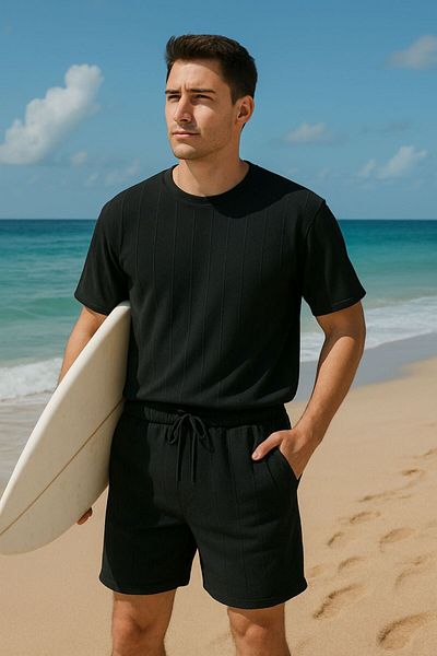 JUDGE Men's Summer Roomy Relaxed Fit Textured Premium Quality T-Shirt Bottom Top Suit Tracksuit Shorts T-Shirt