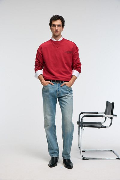 GRIMELANGE Caspian Men's 100% Cotton Crew Neck Karyoka Stitched Printed Red Sweatshirt