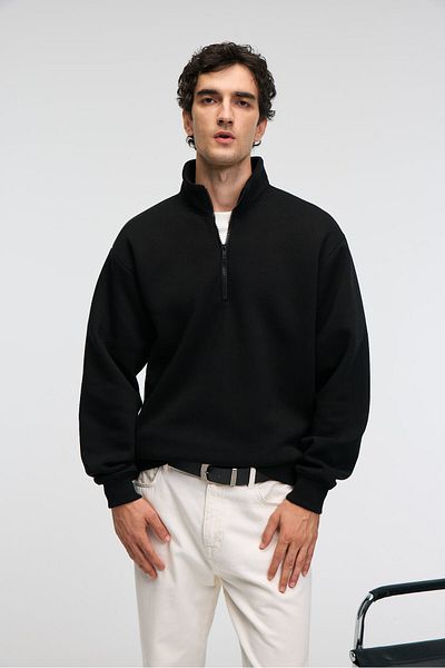 GRIMELANGE Baxter Men's Stand Collar Zippered Relaxed Black Sweatshirt