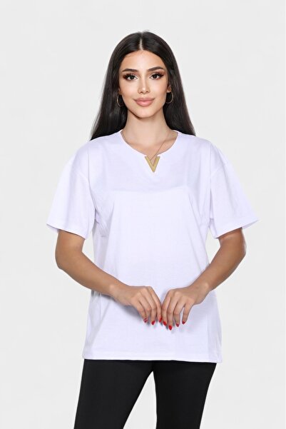 Pollux Γυναικείο βασικό μπλουζάκι με λεπτομέρεια αξεσουάρ V