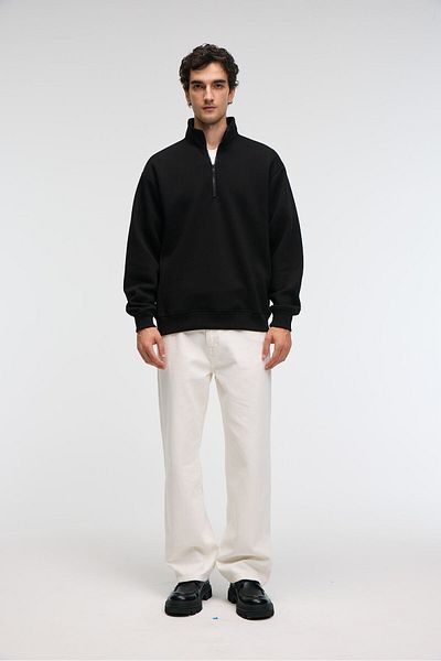 GRIMELANGE Baxter Men's Stand Collar Zippered Relaxed Black Sweatshirt