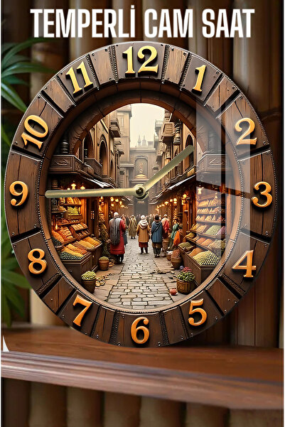 kutuTR Tarihi Çarşı Atmosferini Duvarlarınıza Taşıyan 3D Görünümlü Temperli Cam Saat – 33 cm CSDW090