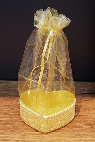 CİYU TİCARET Kalpli Tül Kese Gold Renkli Kına Nişan Düğün Hediyelik Çerezlik ...