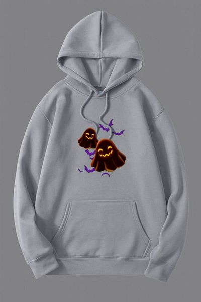 CLASSY.MODA Ghost and Bat Pattern Hooded Sweatshirt