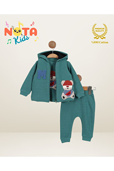 minicebebe Waffle Baby Boy 3-Piece Set with Vest Teddy Bear Embroidery Printe...