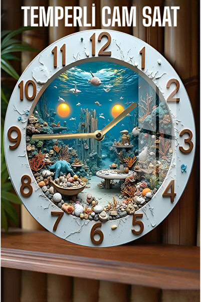 kutuTR Büyüleyici Denizaltı Temalı Tasarım 3D Görünümlü Temperli Cam Saat – 3...