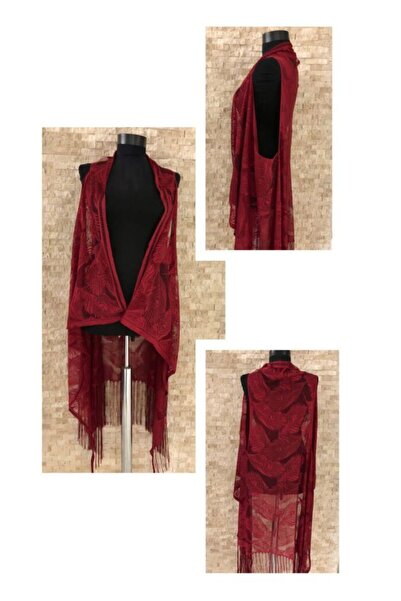 Evvano Pareo Lace Vest Swimsuit Bikini with Leaf Pattern and Tassels Beach Dress - Burgundy