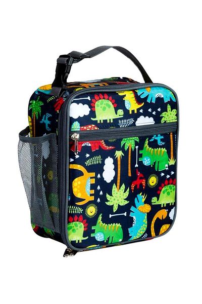 Snack Attack Lunch Bag for Kids, Dinosaur Insulated Blue with Side Mesh Pocket
