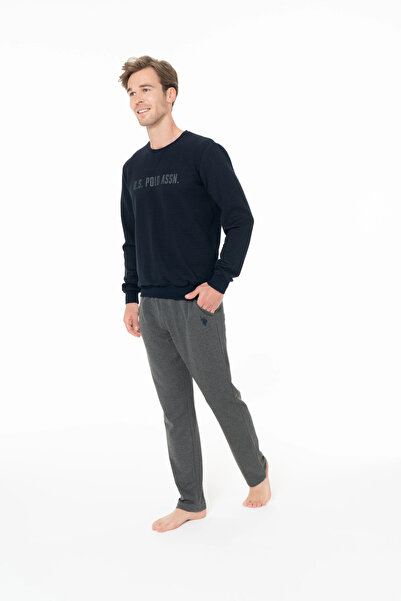 U.S. Polo Assn. Erkek Pijama Takımı, Viskon, Bisiklet Yaka, Uzun Kollu, Cepli, Kolları Lastikli, US POLO Baskılı