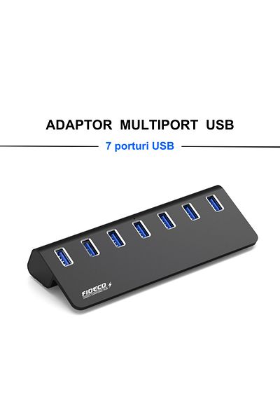 FİDECO USB Hub With 7 USB 3.0 Ports, FIDECO, Type-C, Aluminum, 350mb/s, PC/Outlet Power, 5 Gbps, Black