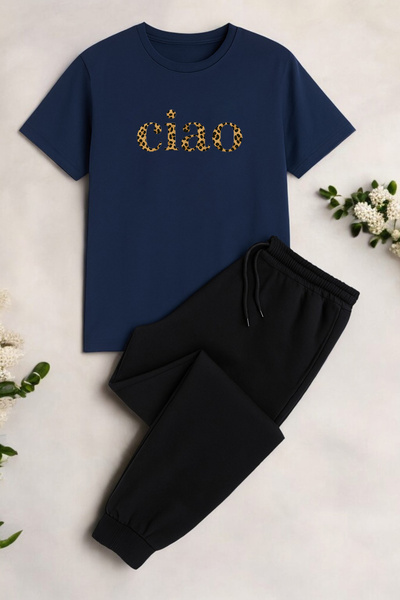 Trend Sizde Unisex Navy Blue Ciao Printed Top and Bottom Tracksuit Set