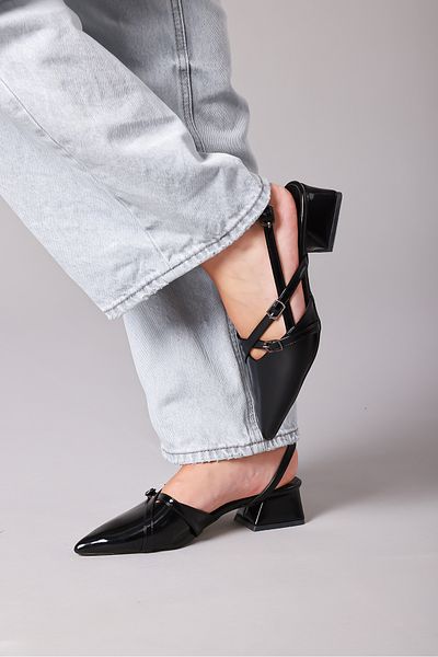 saramary Women's Black Patent Leather Open Back Mary Jane Daily Pointed Toe Ballerina Buckle Detail Short Heeled Shoes