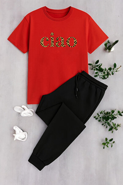 Trend Sizde Unisex Red Ciao Printed Top and Bottom Tracksuit Set