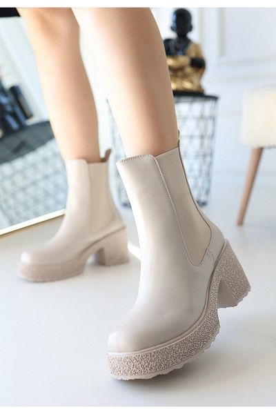 Celira Beige Leather Heeled Boots