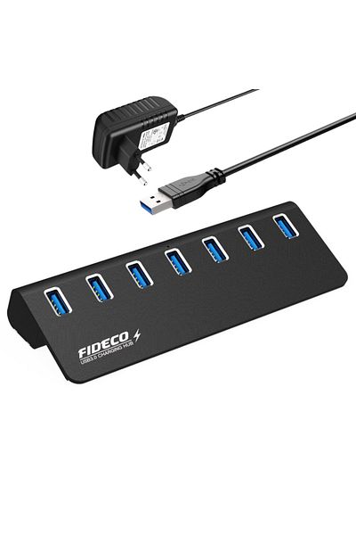 FİDECO USB Hub With 7 USB 3.0 Ports, FIDECO, Type-C, Aluminum, 350mb/s, PC/Outlet Power, 5 Gbps, Black
