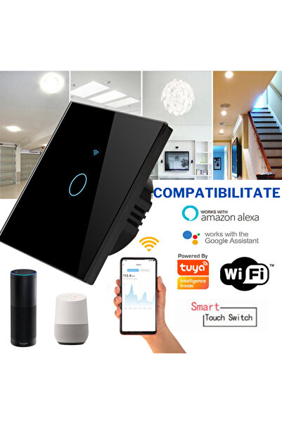VisionHub Comutator tactil inteligent, fără fir, Wi-Fi, 1 canal, sticlă securizată, compatibil cu iOS/Android, Tuya