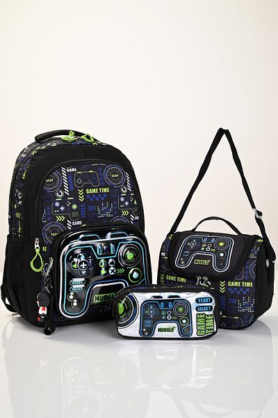 MUGGLE 5898 Boy's Game Console Patterned 3-Piece School Set (Backpack, Lunchbox, Pen