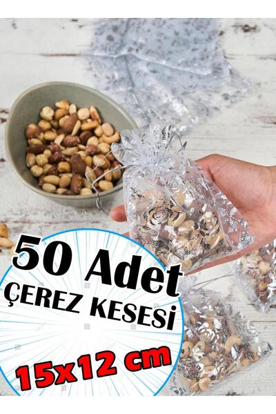 Dantelux 50 Adet Klasik Tül Çerez Kesesi (15x12 cm) - Gümüş Yaldızlı