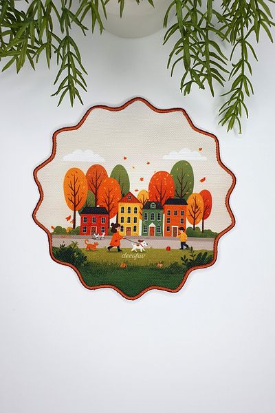 decofav Autumn Town View Design Embroidery Edge Fabric Cocktail Napkin 1 Piece