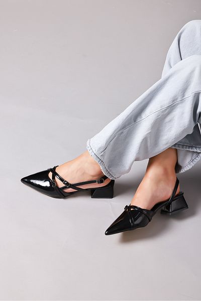 saramary Women's Black Patent Leather Open Back Mary Jane Daily Pointed Toe Ballerina Buckle Detail Short Heeled Shoes