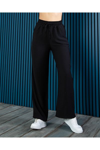 veres Women's Black Linen Blend High Waist Wide Leg Slim Summer Palazzo Pants with Tie Waist Detail