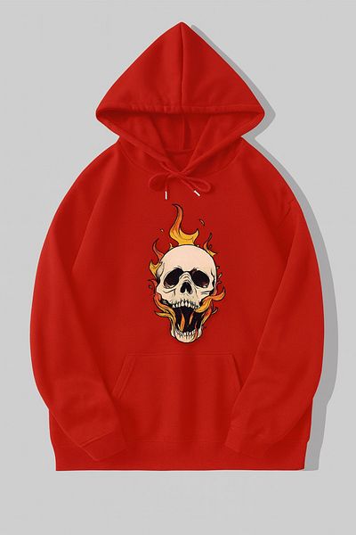 CLASSY.MODA Flame Skull Patterned Hoodie