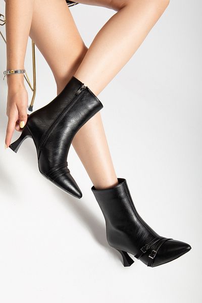 halabi moda Women's Black Buckle Pointed Toe Thin Heel Boots