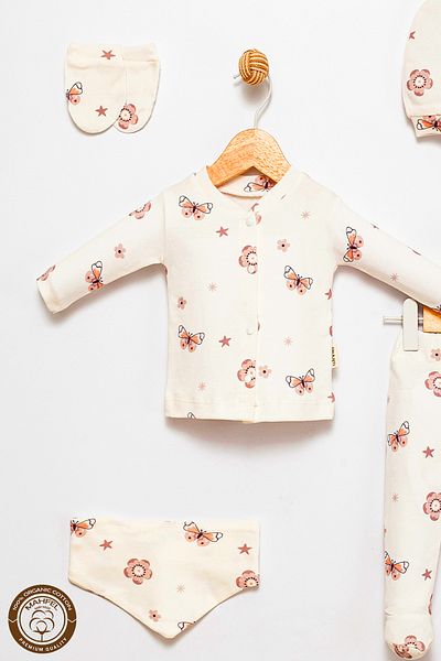 MAHFEL 100% Cotton Organic Butterfly Flower Printed Newborn Hospital Discharge Set 5 Pieces