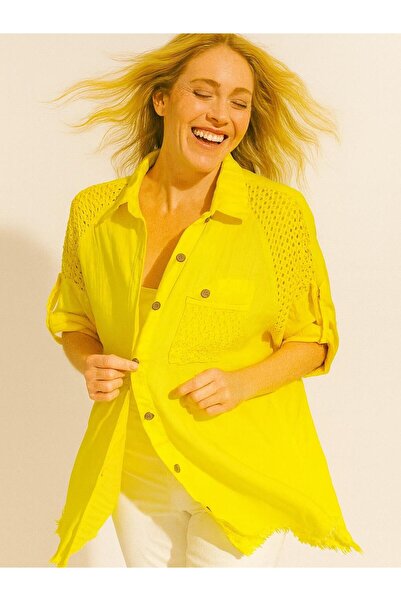 Butik İtalyan Keten Dantel Detaylı Gömlek - SARI