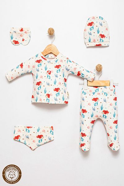 MAHFEL 100% Cotton Organic Mermaid Printed Newborn Hospital Discharge Set 5 Pieces