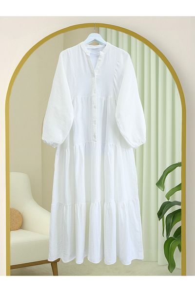 Modamorfo Bat Sleeve Half Buttoned Muslin Dress -White