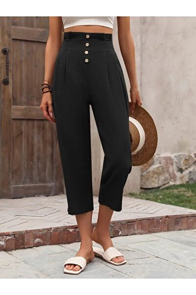 buğrahayalin Women's High Waisted Front Buttoned Imported Linen Trousers