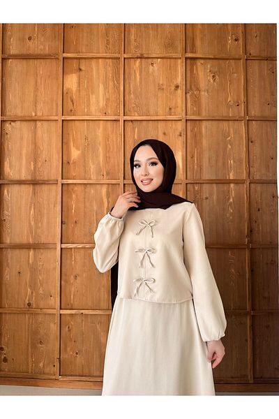 New Lune Women's Clothing Scuba Fabric Double Suit Suitable for Hijab with Bow Detail on the Front, Bottom Top