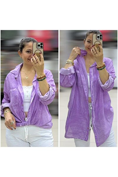 Butik İtalyan Taşlanmış Pamuklu Coton Gömlek - LİLA