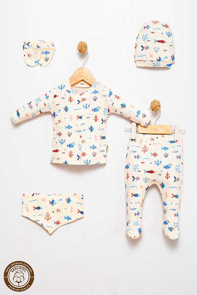 MAHFEL 100% Cotton Organic Fish Printed Newborn Hospital Discharge Set 5 Pieces