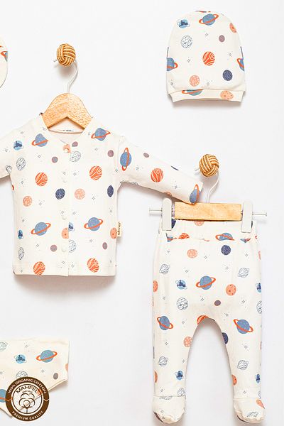 MAHFEL 100% Cotton Organic Planet Printed Newborn Hospital Discharge Set 5 Pieces