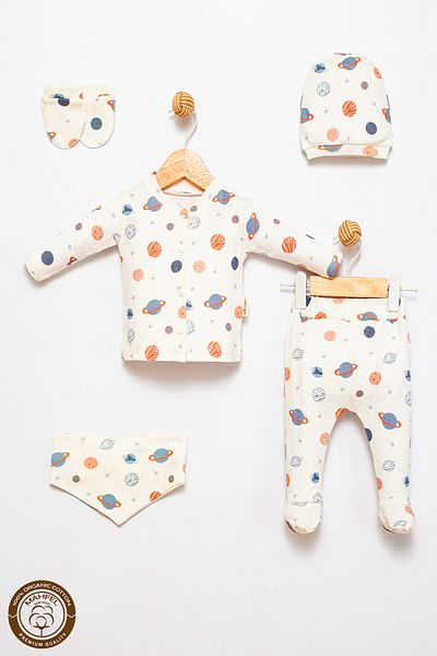MAHFEL 100% Cotton Organic Planet Printed Newborn Hospital Discharge Set 5 Pieces