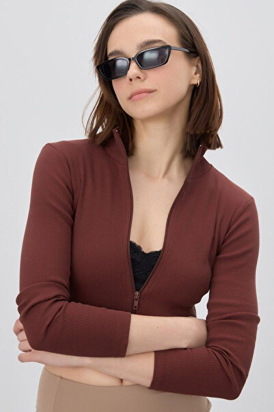 MissKybele Yarım Balıkçı Dik Yakalı Uzun Kollu Fermuar Kapamalı Fitilli Dar Kalıp Likralı Esnek Crop Hırka