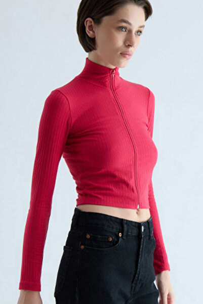 MissKybele Yarım Balıkçı Dik Yakalı Uzun Kollu Fermuar Kapamalı Dar Kalıp Likralı Esnek Soft Crop Hırka