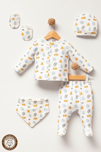 MAHFEL 100% Cotton Organic Hedgehog Printed Newborn Hospital Discharge Set 5 Pieces