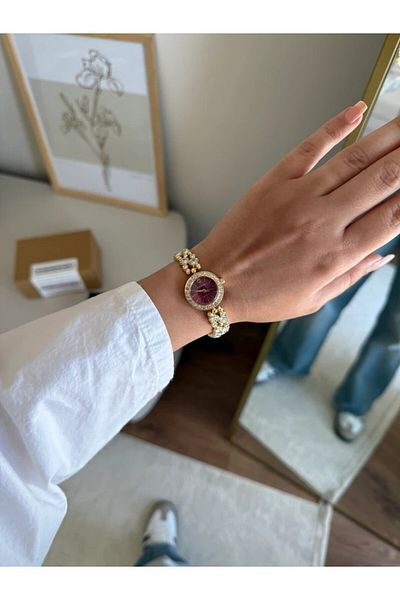 RoseandRoses Delaux Stone Stylish Women's Wristwatch Gold (Burgundy Dial)