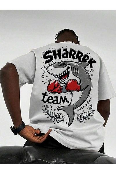 PALPİTO Men's White Shark Printed Oversize T-Shirt