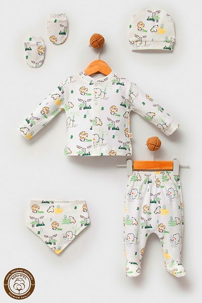 MAHFEL 100% Cotton Organic Green Animals Printed Newborn Hospital Discharge Set 5 Pieces