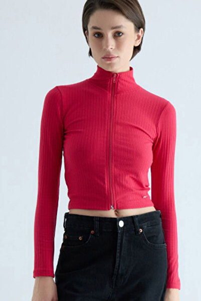 MissKybele Yarım Balıkçı Dik Yakalı Uzun Kollu Fermuar Kapamalı Dar Kalıp Likralı Esnek Soft Crop Hırka