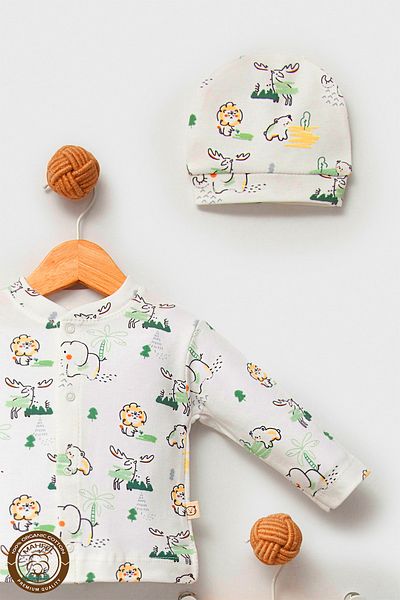 MAHFEL 100% Cotton Organic Green Animals Printed Newborn Hospital Discharge Set 5 Pieces
