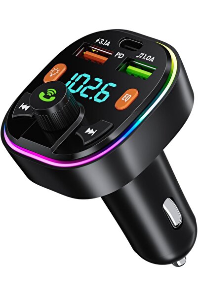 Deppo Trend Bluetooth Araç Kiti Araç RGB LED Fm Transmitter USB Type-C MP3 Flash Bellek PD Çakmaklık Girişli
