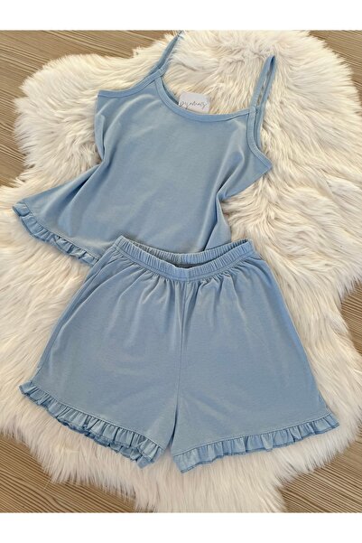 Pijamacs Set de pijamale din bumbac albastru pentru bebeluși, cu bretele și pantaloni scurți cu volane