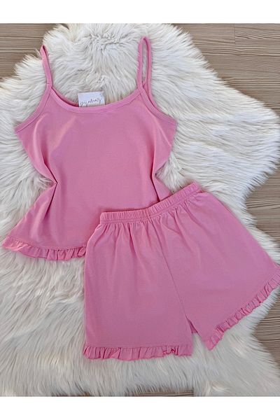 Pijamacs Pink Cotton Rope Strap Ruffle Detail Shorts Pajama Set