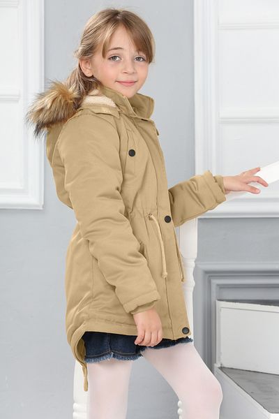 Asortix Girl's Waterproof Removable Hooded Plush Fur Lined Long Coat Coat