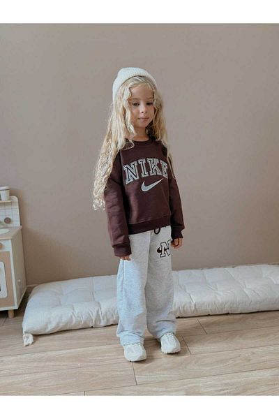 morpembej kadın erkek çocuk Children's Cotton Suit Set |   3 Thread Coffee-Black-Beige |   5-14 Years